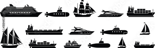 Ship and boat silhouette collection featuring cruise ships cargo vessels submarines yachts and sailboats, black vector maritime transportation icons set for nautical, shipping, travel