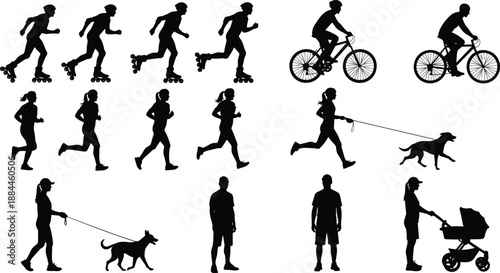 Active lifestyle silhouettes set showing people running, roller skating, cycling, walking dog and pushing stroller, dynamic outdoor activities isolated 