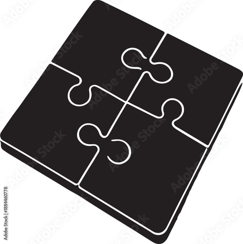 A visually striking composition depicts four interconnected black jigsaw puzzle pieces showcasing their interlocking edges and smooth textures against a pristine white background