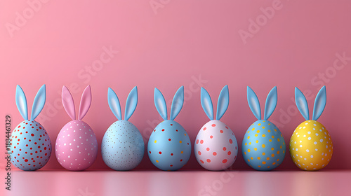 Colorful eggs with bunny ears lined up against a pink background during spring celebrations