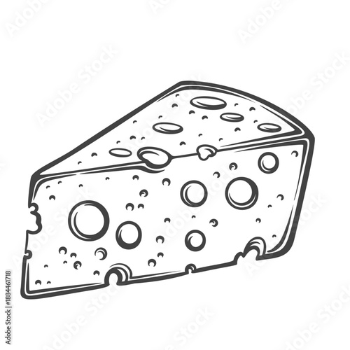 Vintage cheese wedge with holes, classic dairy food in monochrome outline engraving style, isolated cheese slice with detailed linework for kitchen, menu, packaging and culinary design. vector illustr
