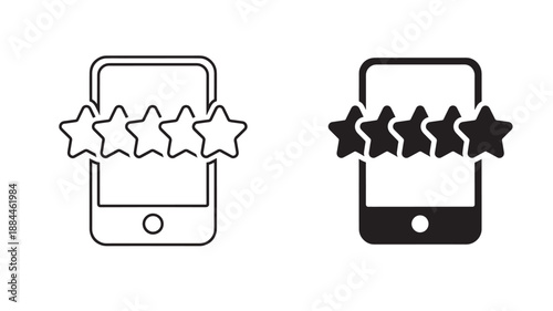 Two smartphone rating icons with five stars line and fill style on transparent background silhouette