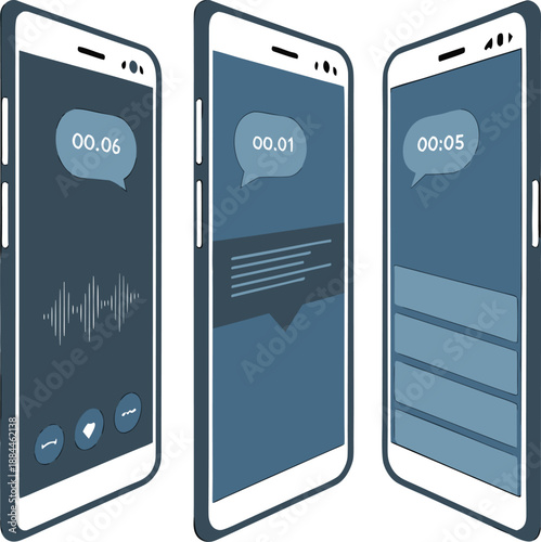 The image illustrates three modern smartphones displaying voice messaging interfaces showing different stages of recording and playback in a clear aesthetic