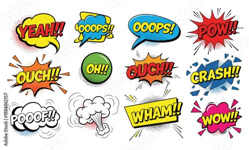 Colorful Pop Art Comic Speech Bubble Set. Collection of Cartoon Sound Effects and Phrases like Yeah, Pow, Crash, and Wham. Flat Vector Illustration on White Background.