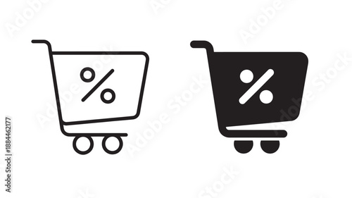 Two shopping cart icons with percentage signs on transparent background silhouette
