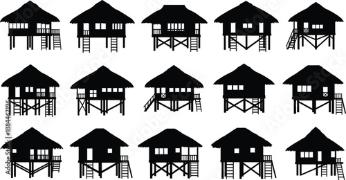 Stilt house silhouette collection featuring traditional tribal huts and village homes, black vector architecture icons set for tropical, rural housing, cultural heritage, and design projects