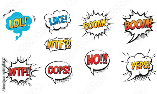 Colorful Pop Art Comic Speech Bubble Set. Collection of Cartoon Sound Effects and Slang Phrases like Boom, LOL, Oops, and WTF. Flat Vector Illustration on White Background.