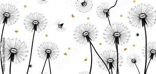 Elegant monochrome dandelion watercolor seamless pattern with gold accents on white background , spring, surface pattern
