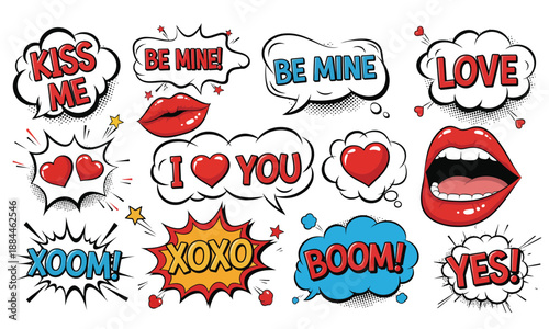 Valentines Day Pop Art Sticker Set. Collection of Comic Speech Bubbles with Love Phrases, Red Lips, and Hearts for Romantic Greetings and Social Media.