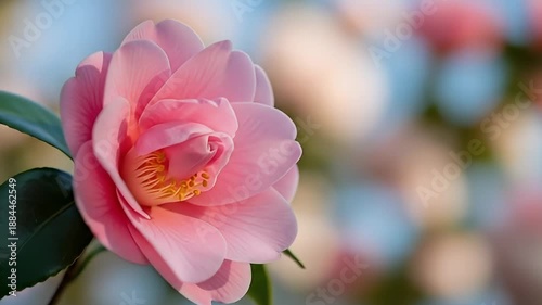 A close-up shot reveals the exquisite beauty of a vibrant pink flower, showcasing its perfectly layered, soft petals and delicate yellow stamens at its core. The lush green leaves frame the magnificen