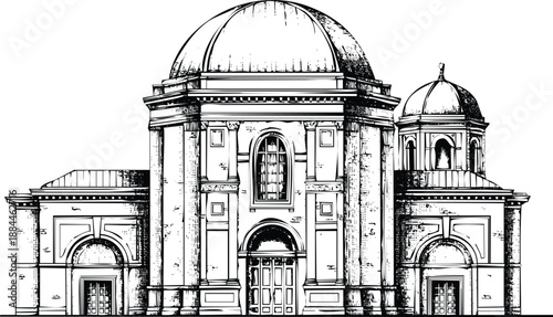 Architectural sketch of a grand synagogue with central dome and side structures