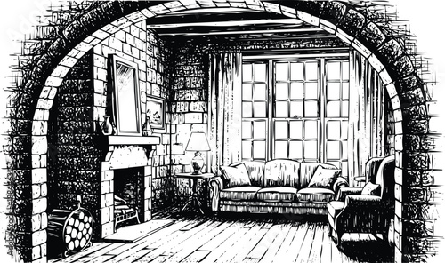 Cozy stone archway view into a rustic living room with fireplace and large window