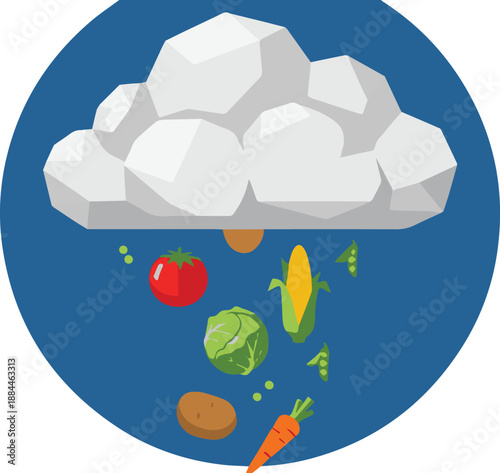 Floating vegetables and a potato defying gravity on a blue background from a straightforward viewpoint