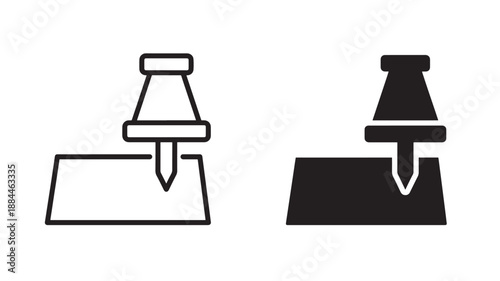 Two pushpins one detailed and one silhouette on transparent background