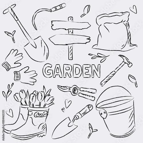 Hand Drawn Garden Tools Doodle Set for Gardening Supplies and Farm Equipment Illustration
