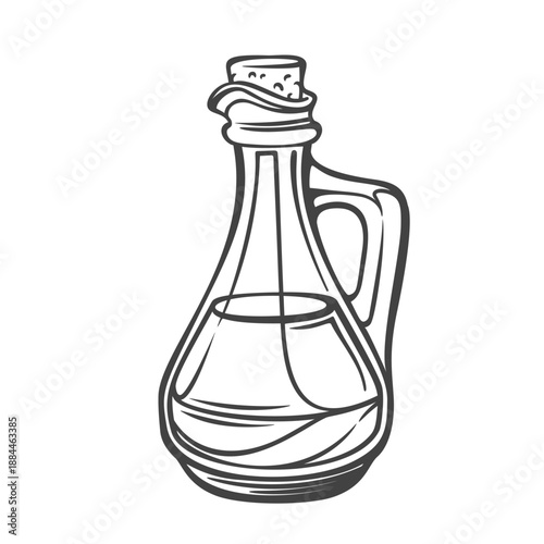 Glass oil bottle with handle and cork stopper, classic olive oil cruet for kitchen and table, vintage engraved style, monochrome outline line art, detailed culinary container. Vector illustration