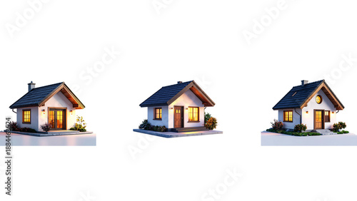 3D Residential House Icon, Modern Bungalow with Roof and Windows, Isolated on Transparent Background