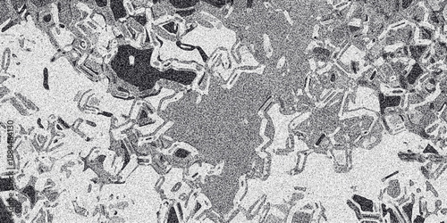 Abstract monochrome mosaic pattern with irregular polygonal shapes and a granular texture, creating a complex, organic, and visually dynamic background for digital art and design applications