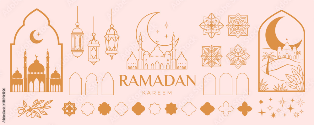 Fototapeta premium Ramadan Kareem and Eid Mubarak elements set in line art style. Holiday design with Islamic Mosque, ornaments, lanterns, arches, moon and stars.