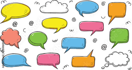 Set of colorful hand drawn speech bubbles and cloud thought frames with sketch elements for social media chat and communication