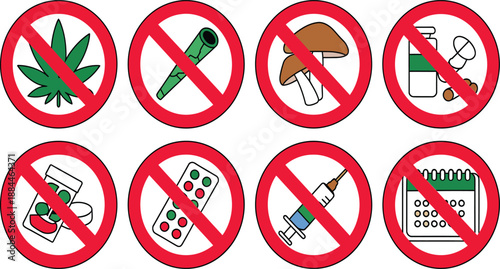 Various icons illustrating prohibited substances including marijuana, pills,.