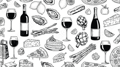 Set of hand drawn gourmet food and wine illustrations featuring pizza oysters cheese cake asparagus and wine bottles for restaurant menus