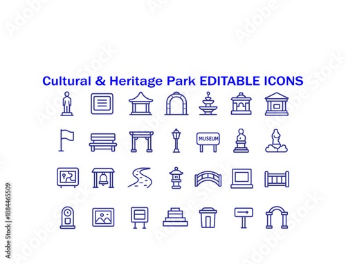 Cultural and heritage park outline icons collection for historical site design