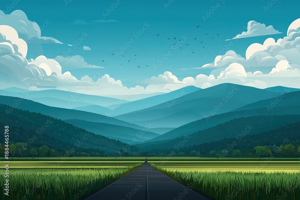 Fototapeta premium Mountains and fields stretch across the landscape under a blue sky with clouds and birds flying during the day