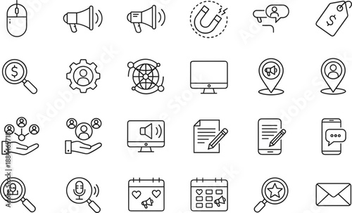 Business marketing and communication outline icon set with analytics media finance tools isolated flat vector symbols design collection
