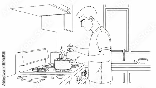 Man cooking food on a stove in a kitchen.