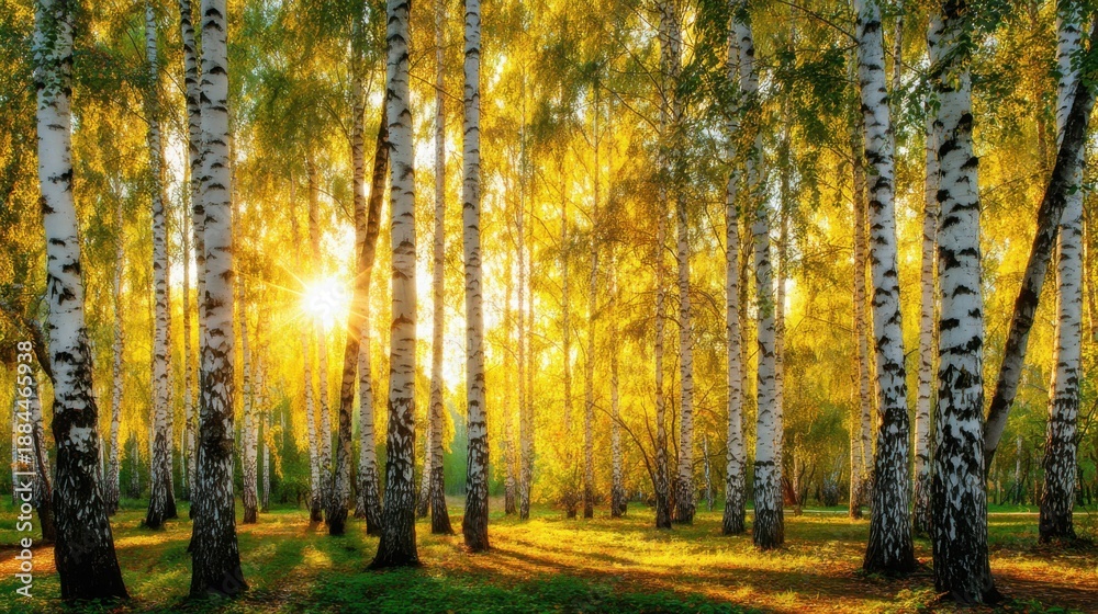 Fototapeta premium Golden Sunlight Filtering Through a Birch Forest Canopy, Illuminating the Autumnal Woods