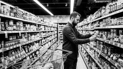 Man choosing products from supermarket shelves black and white.