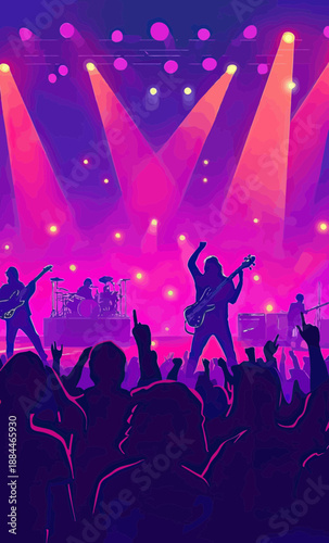 Silhouettes of rock band performing on stage with vibrant pink and purple concert lighting and enthusiastic crowd raising hands at music festival