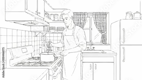 Man cooking in a kitchen wearing an apron and hat.