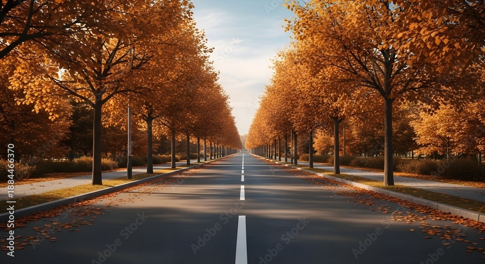 Obraz premium Autumn roadway with golden trees and blue sky background