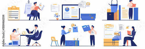 Business people consulting and working at desk with financial documents, laptop, tablet, briefcase, tax forms, invoice, money, flat vector illustration set