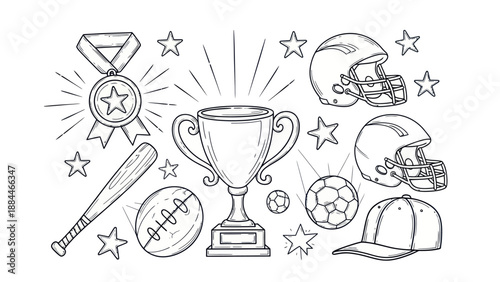 Sports equipment collection trophy medals helmets balls and stars