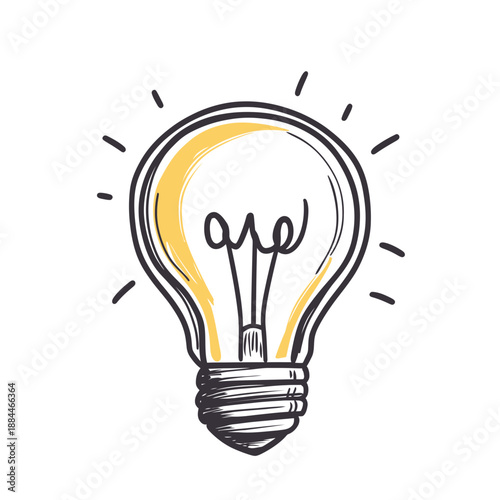 Hand drawn sketch style light bulb icon with yellow glow and rays, creative idea symbol, innovation concept vector illustration