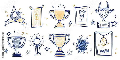 Hand drawn doodle trophy cups and award certificates collection with winner medals and star decorations for champion recognition achievement