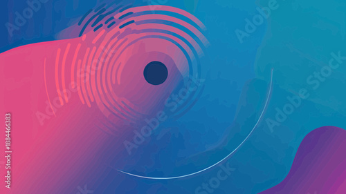 Abstract minimalist illustration of fingerprint biometric authentication concept with circular scanning waves in vibrant blue and pink gradient vector background