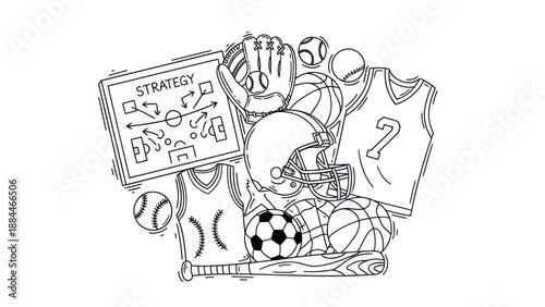 Sports equipment illustration line art depicting basketball football and baseball