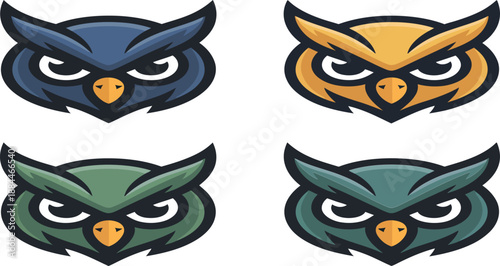 Four stylized owl heads display distinct color variations for mascot design.