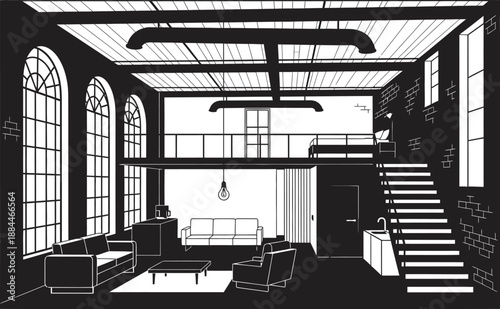 Modern loft interior with minimalist furniture and industrial architecture, black and white illustration of living room with staircase and large windows