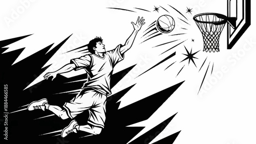 Basketball player jumping to dunk the ball into the hoop.