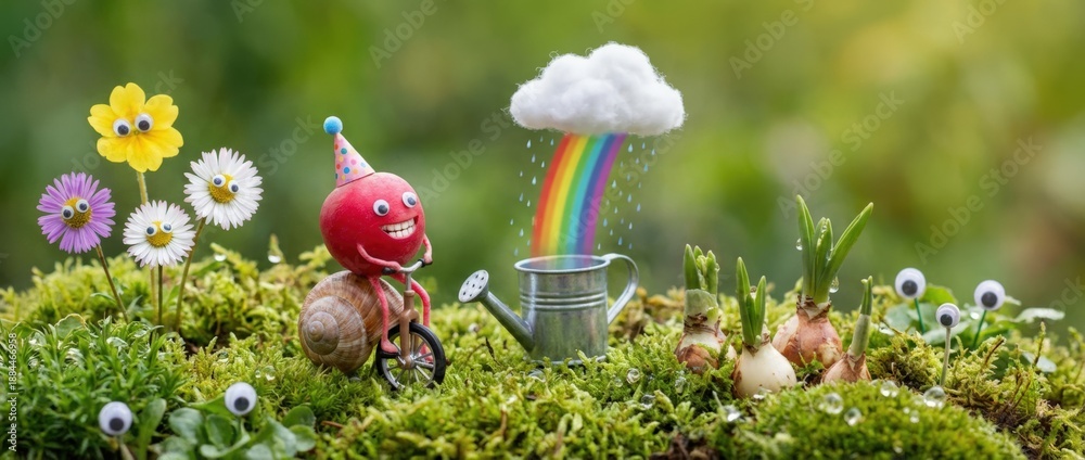 Fototapeta premium Joyful gardening celebration with whimsical characters and colorful rainbows in a lush green garden setting capturing the essence of nature and playful creativity