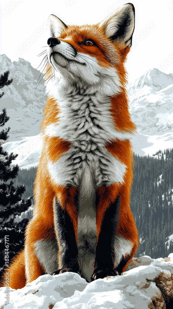 Fototapeta premium Majestic red fox with striking orange, white, and black fur sits attentively on snow-covered rocky outcrop, gazing upwards against backdrop of snow-capped mountains and dense evergreen forest, embodyi