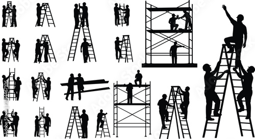 Construction ladder and scaffolding worker silhouette set showing teamwork, climbing, building maintenance, repair work, industrial safety activities, 