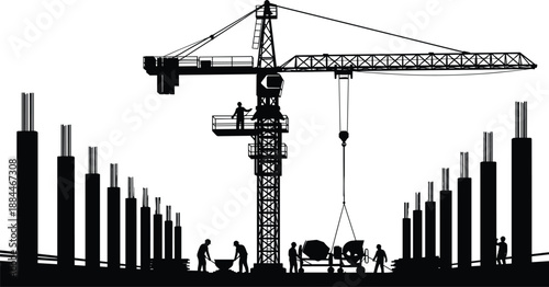 Construction site silhouette with tower crane and workers pouring concrete among reinforced columns illustrating urban development, civil engineering and industrial building process