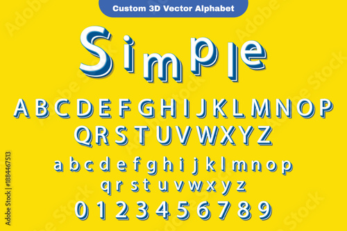 3d vector alphabet with simple blue and white letters uppercase and lowercase including numbers on bright yellow background flat design set with shadow effect for creative projects