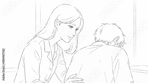 Caring woman comforts man in distress sketch.
